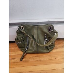 B. Makowsky Leather Hobo Alice Soft Green Biker Satchel Purse Metal Chains Bag